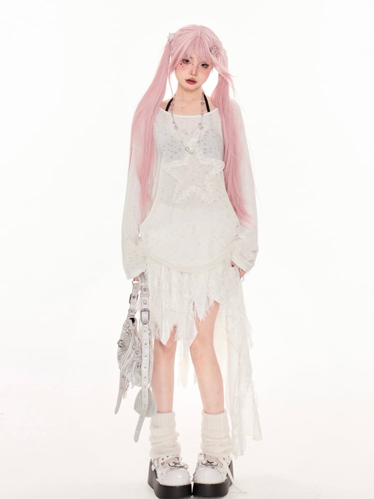 ホワイトのアシンメトリーネックライン、フリル付きスタードローストリングサイドカバーアップ