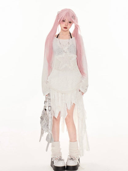 ホワイトのアシンメトリーネックライン、フリル付きスタードローストリングサイドカバーアップ