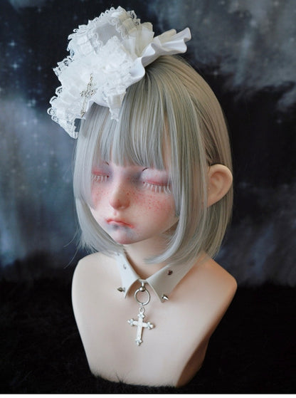 White Gothic Cross Lace Bow Ruffle Hem Hat Hairclip