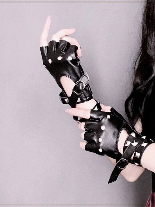 Punk Studded Half-Finger Gloves with Metal Buckle in Two Colors - Mr. Cat