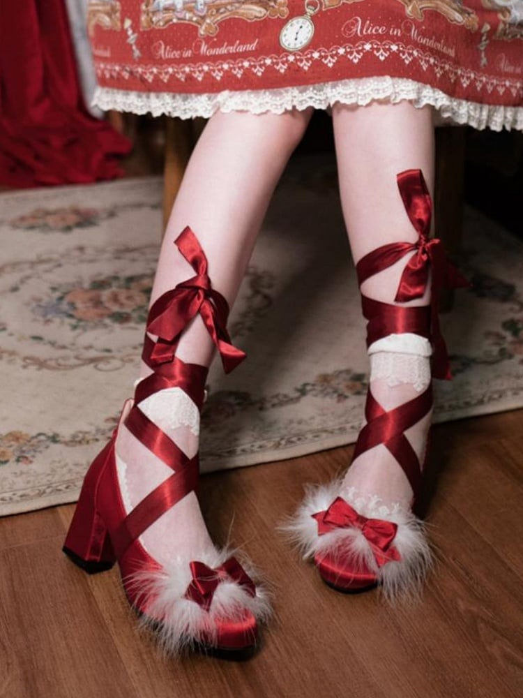 Elegant Heels in Clusters Faux at Top Bow High Satin Fur Red Block Lolita