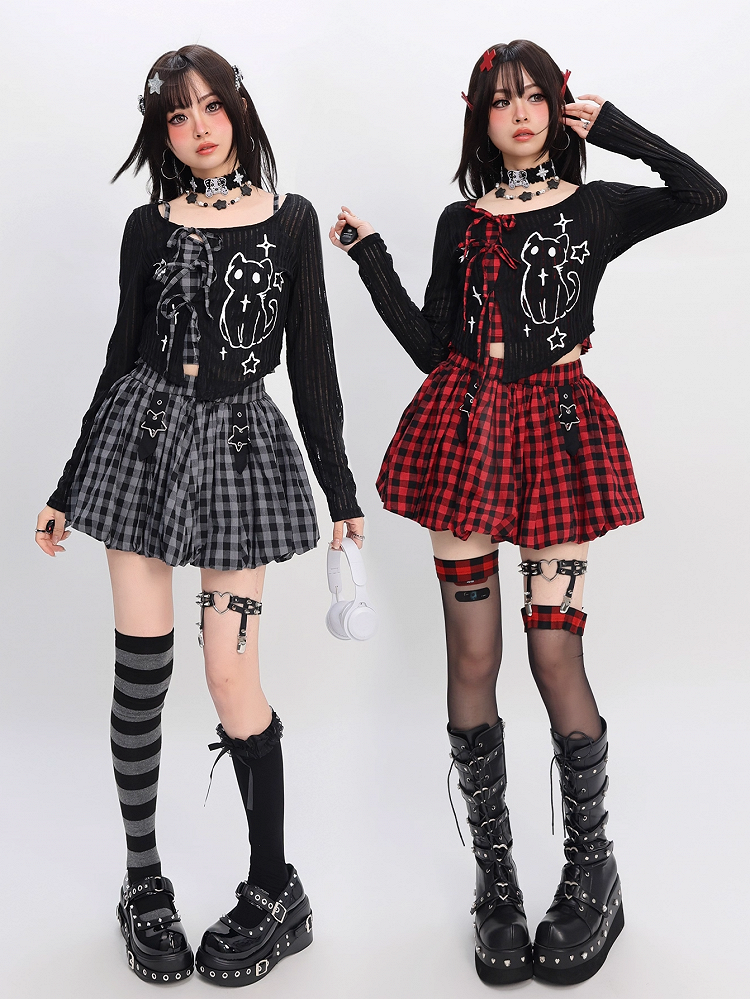 Plaid Bubble Skirt Y2K Gray / Red Star Buckles Black Black