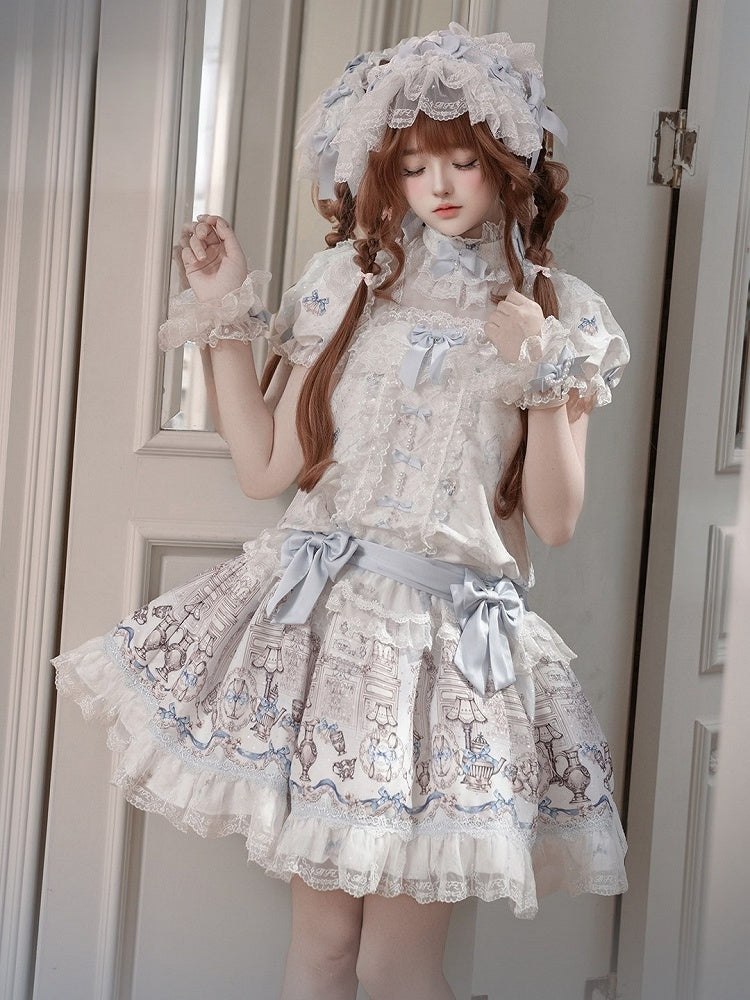 White & Blue Low Waist Antique Print Lolita Dress with Bows - Meng Fu Zi