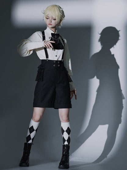 Shorts Shoulder Black Foldover Fashion Waist Straps with Ouji