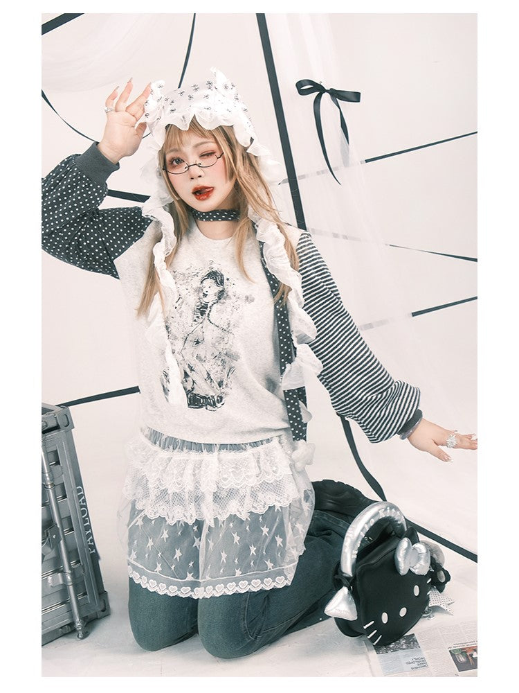 Y2K Size Embroidery Plus Floral White Overskirt Star with Sheer