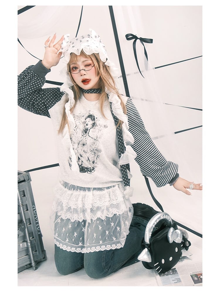 Print Anime with Girl Polka Size Striped Y2K Sleeve White Top Plus Dot