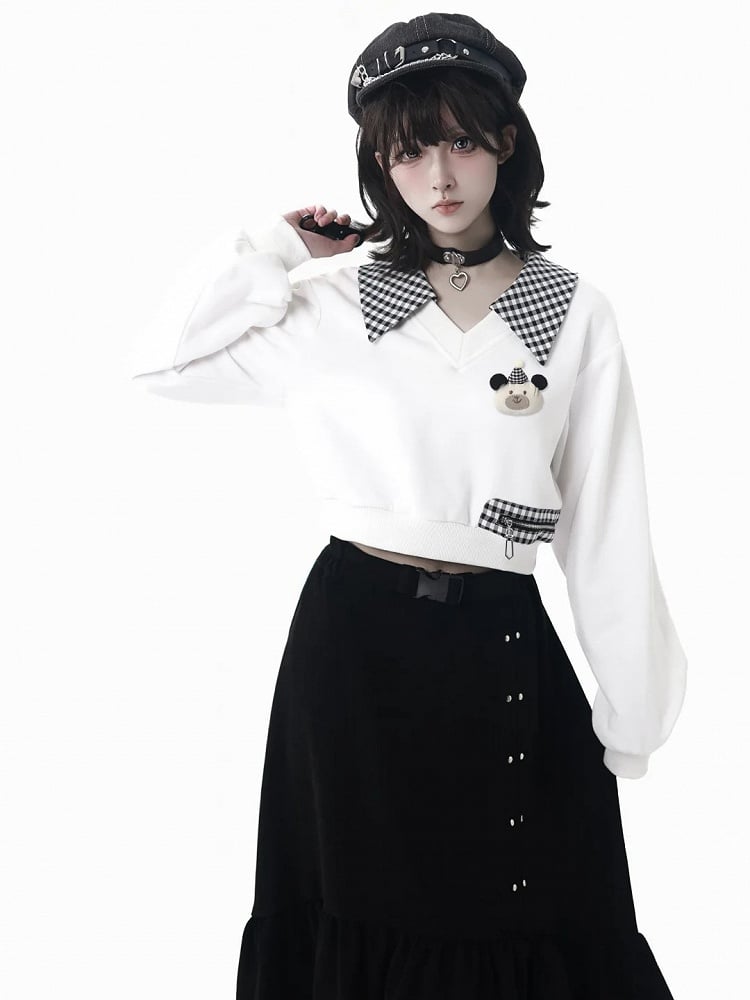 Accents with Plaid Sweatshirt Cropped White