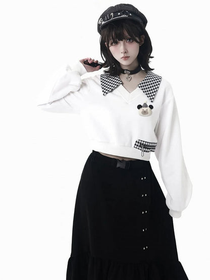 Accents with Plaid Sweatshirt Cropped White
