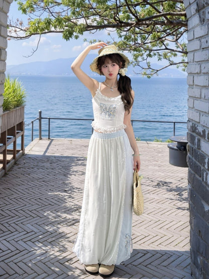 Version Cuffs Holiday Blue and White Colorblock Design Wide-Leg Pants Butterfly Embroidery Regular/Short