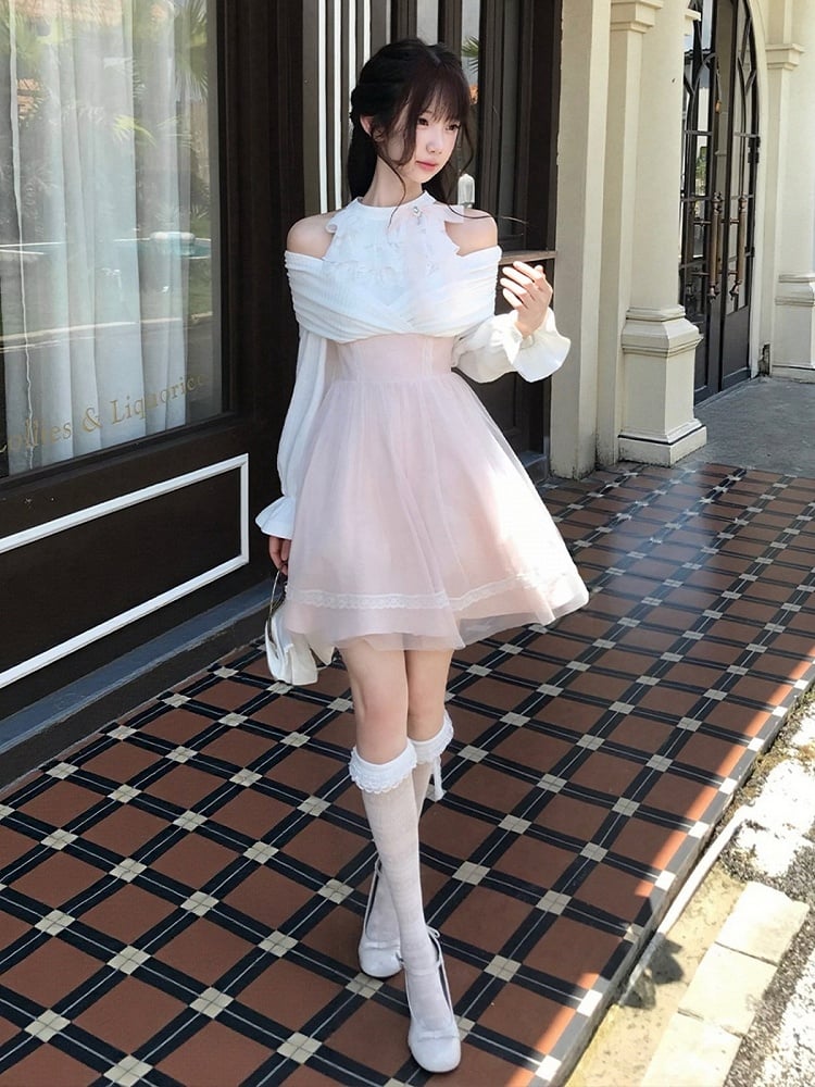 Seiso-kei Halter Off Shoulder Long Sleeve Mesh Dress in Pink and White with Ruffles and Bow Tie - LA LA JK