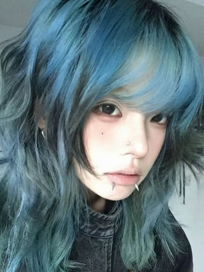 55CM Short Blue Wig Style Bangs Highlight with Ouji