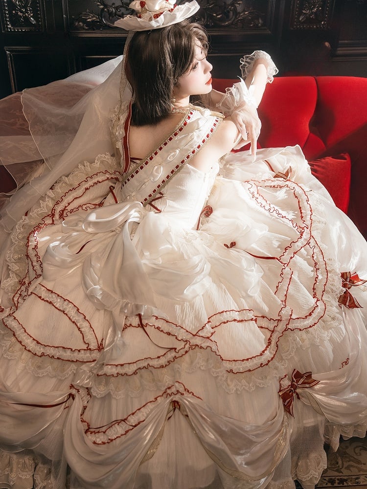 Cake Dress Lolita Embroidered Red White Cherry Hime with Bows Ruffled Multi-Layered