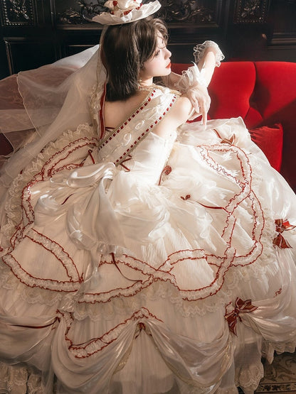 Cake Dress Lolita Embroidered Red White Cherry Hime with Bows Ruffled Multi-Layered