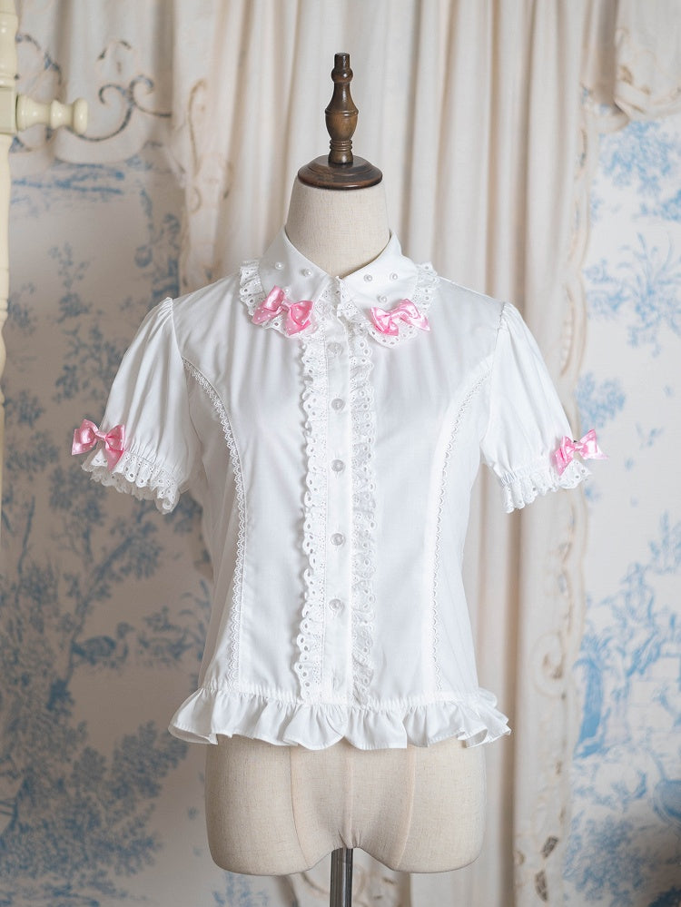 Ivory Short Sleeve Sweet Lolita Ruffled Blouse with Rose Polka-dot Bows - Pastry Chef