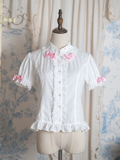 Ivory Short Sleeve Sweet Lolita Ruffled Blouse with Rose Polka-dot Bows - Pastry Chef