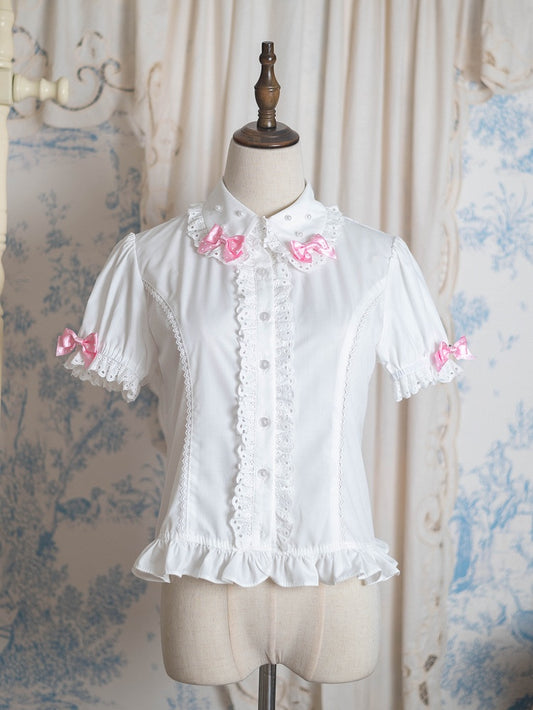 Ivory Short Sleeve Sweet Lolita Ruffled Blouse with Rose Polka-dot Bows - Pastry Chef