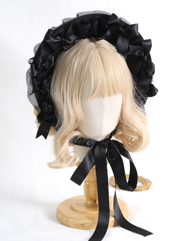 Lolita With Detachable Bowknots Bonnet Colors Lace-Trimmed Black 8