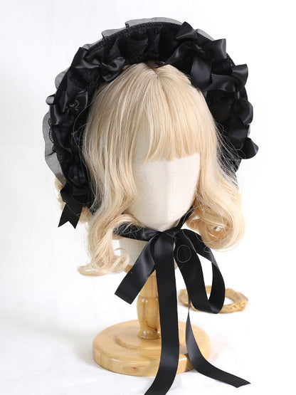 Lolita With Detachable Bowknots Bonnet Colors Lace-Trimmed Black 8
