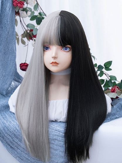 Silver&Black Split Color Long Straight Synthetic Wig With Bangs