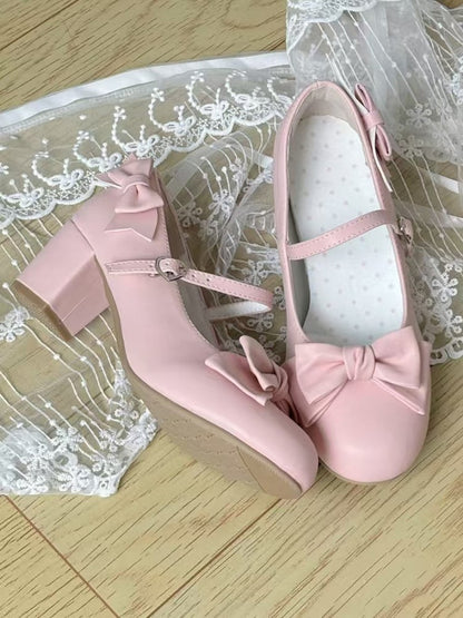 at Lolita with Mid-heel Shoes Top Pink Snap Heart-shaped Sweet Bow