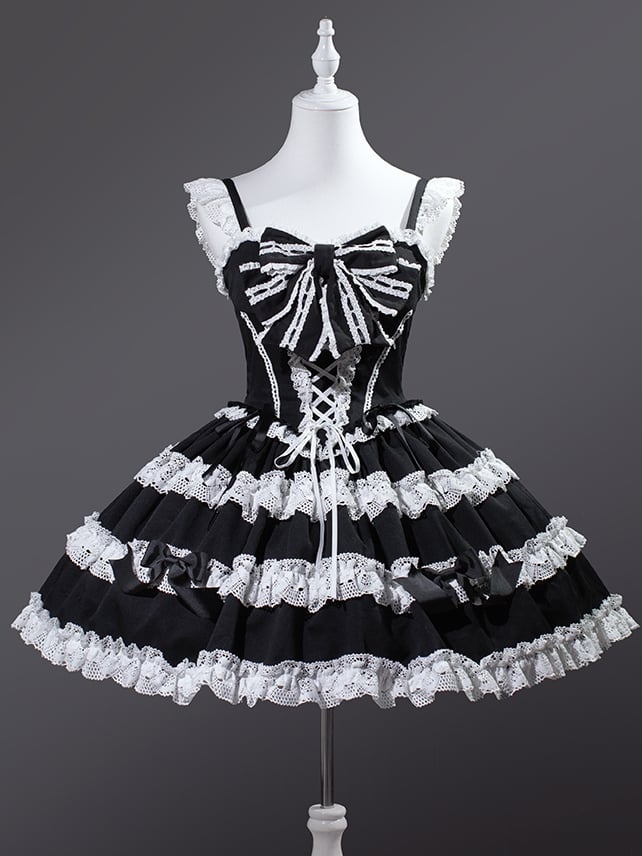 Black and White Old School Bowknot Details Lace Accents Balletcore Dress Lolita Jumper Skirt