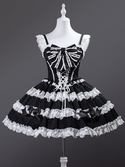 Black and White Old School Bowknot Details Lace Accents Balletcore Dress Lolita Jumper Skirt