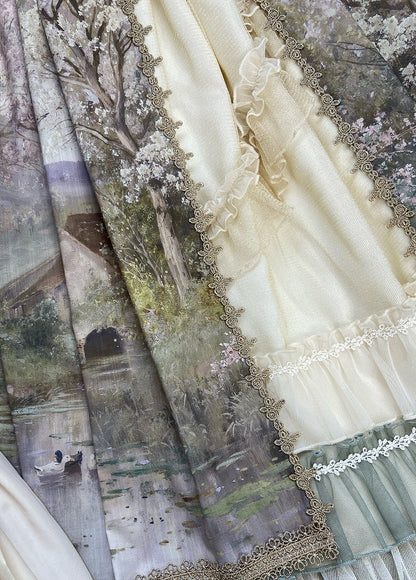 油絵プリントのグリーンレイヤードフリル裾ロリータスカート