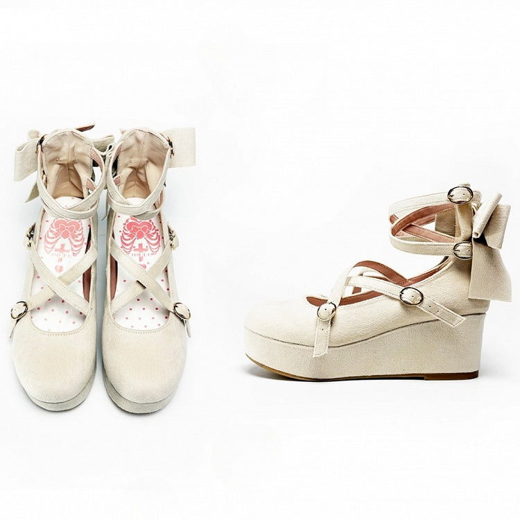 Platforms Crisscross Velvet Toe Round Sweet Bow Design - Wedge Beige Lolita Accent