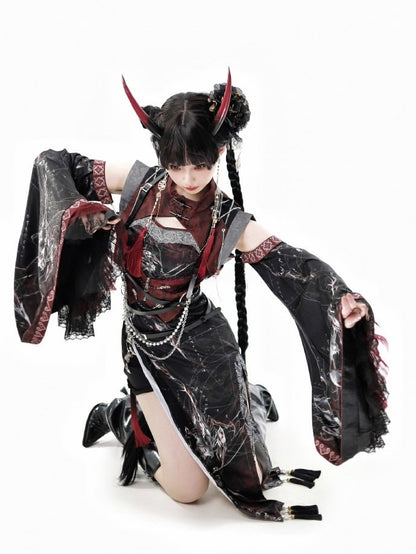 Lace-Trimmed Accents Detachable and Sleeves with Red Black Tassel