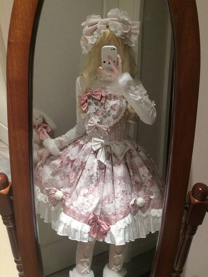 Bow Lolita Strawberry Sweet with Pink Print Jumper Skirt Accents and Kitty