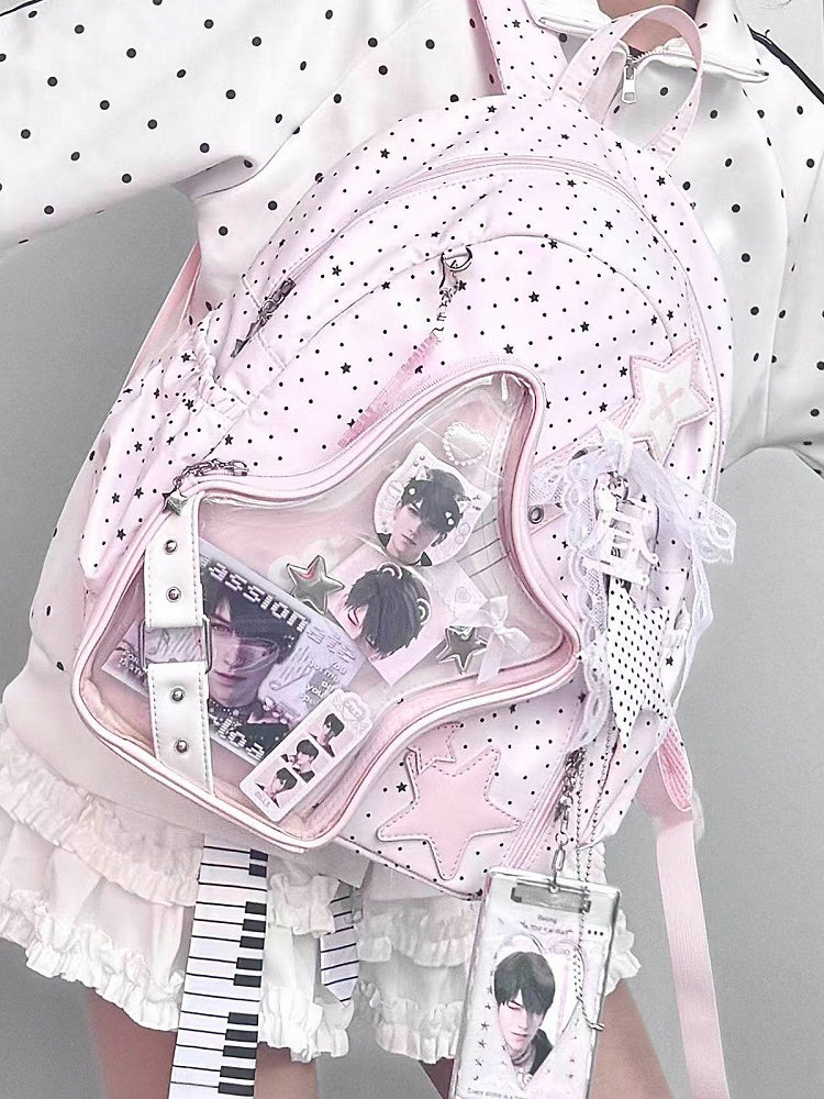 Kawaii Style Star Polka Dot Double Shoulder Bag with Transparent Pocket - Vigorous Girl