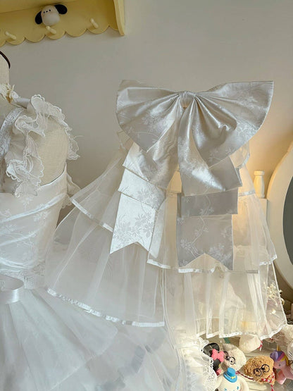 Lolita Accents Ruffle Skirt with Princess Layered Silver Dress White JSK and Bow