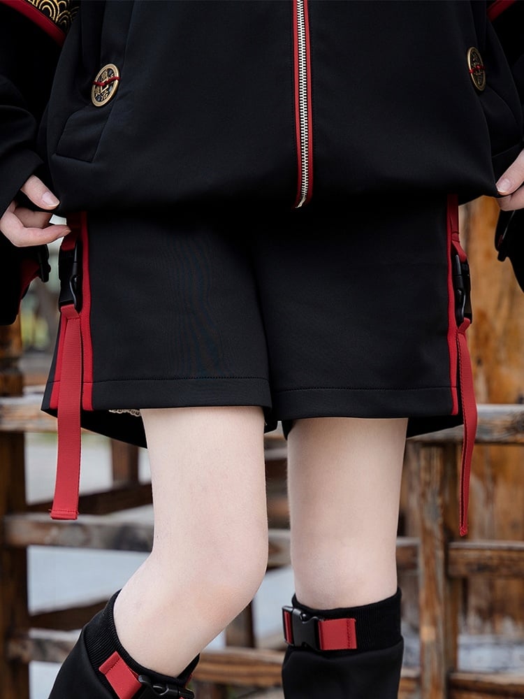 Black Techwear Elastic Waist Shorts with Draping Red Snap Straps
