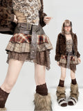 Coffee Plaid Patchwork Handkerchief Hem Tiered Skirt with Buckle Strap