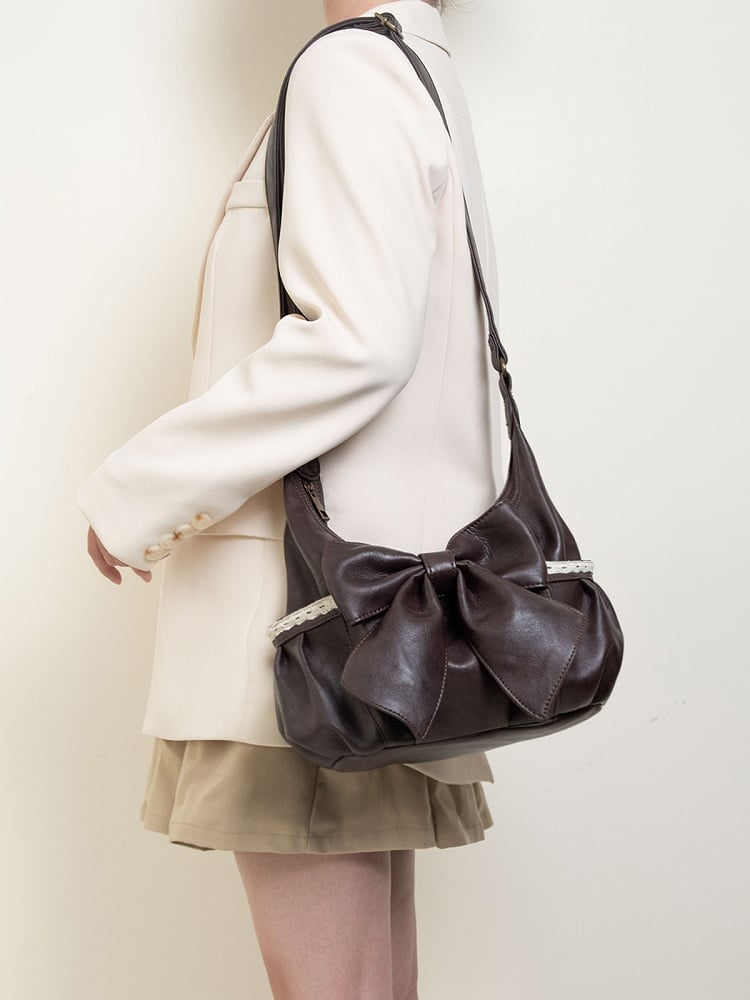 With Oversized Bag Detailed Brown Classic Shoulder Lace Tote Bow Elegant