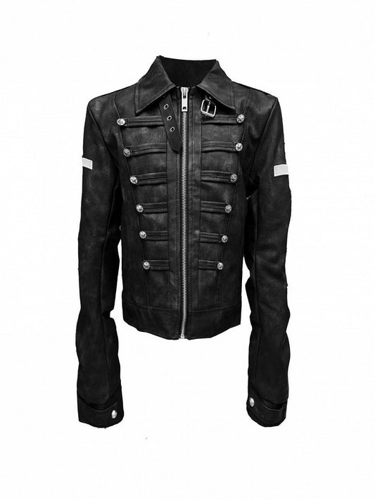 Genderless Punk Black Double-Breasted Decorative Faux Leather Jacket with Cross Pattern - DETW OnLine