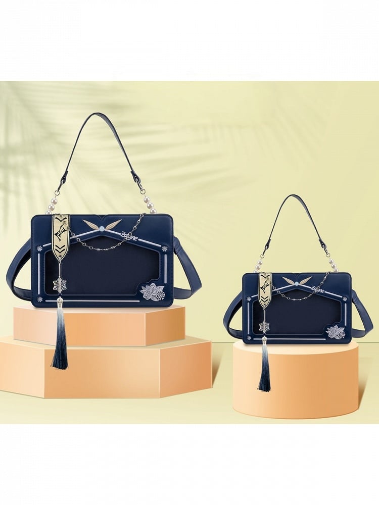 Blue Transparent Window Embroidery Ita Bag with Beaded Tassel - thejunco