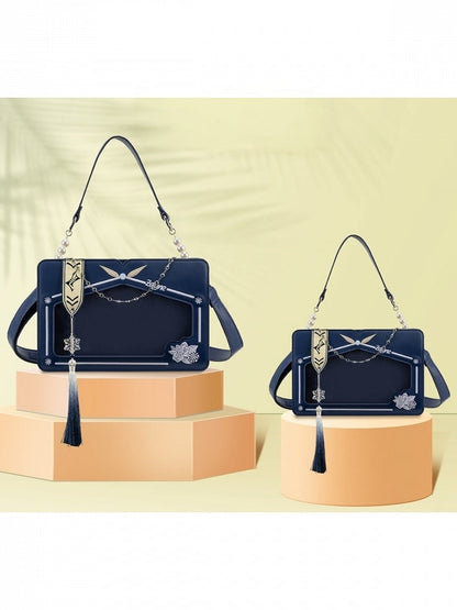Blue Transparent Window Embroidery Ita Bag with Beaded Tassel - thejunco
