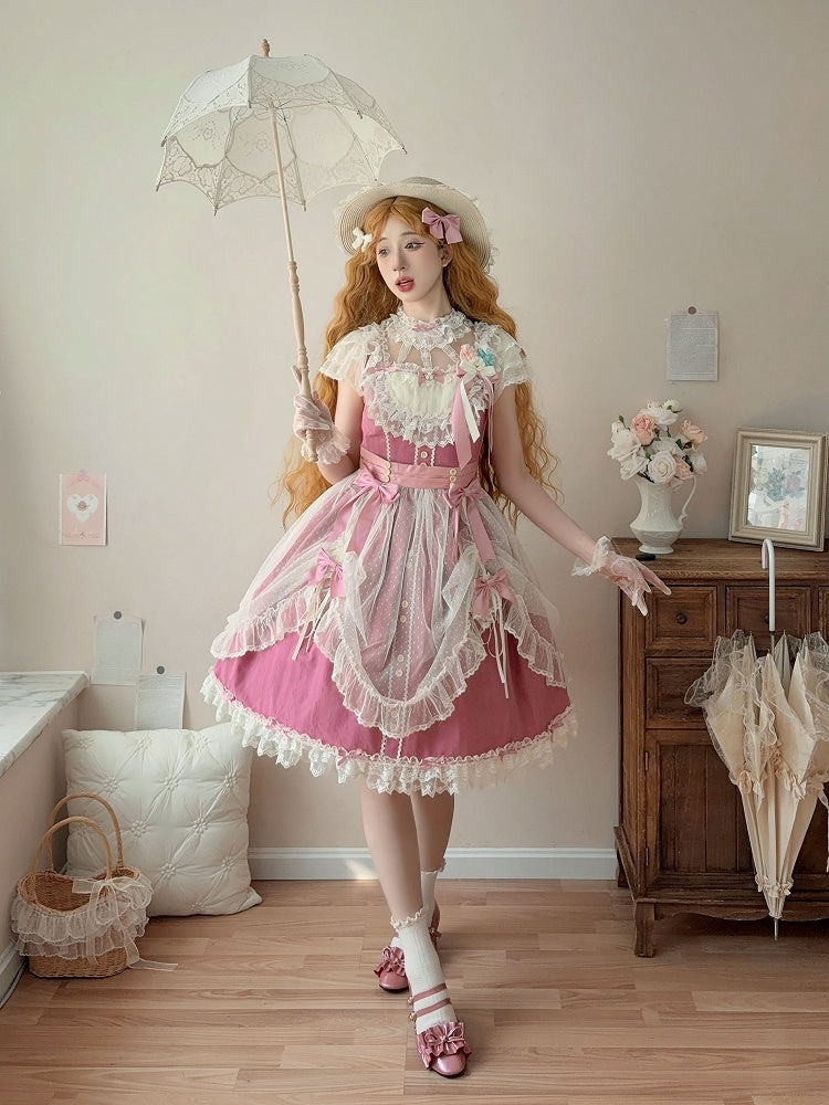 Pink Elegant Bow Version with Details Short Dress Lolita and Lace Classic Rose