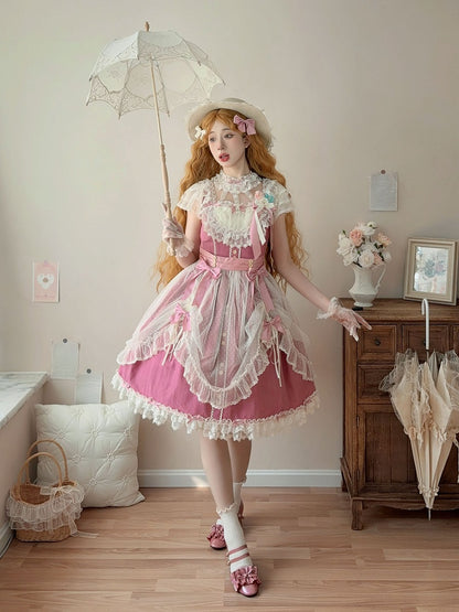 Pink Elegant Bow Version with Details Short Dress Lolita and Lace Classic Rose