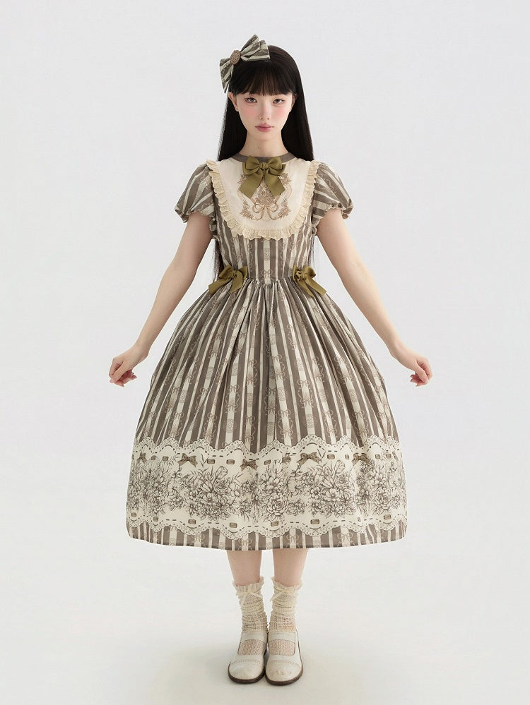 Bodice Pattern and Bowknot Lolita Piece Classic Embroidery Version Brown Long One Striped Floral
