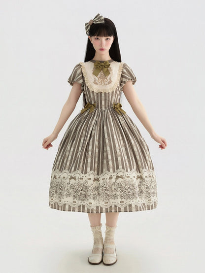 Bodice Pattern and Bowknot Lolita Piece Classic Embroidery Version Brown Long One Striped Floral