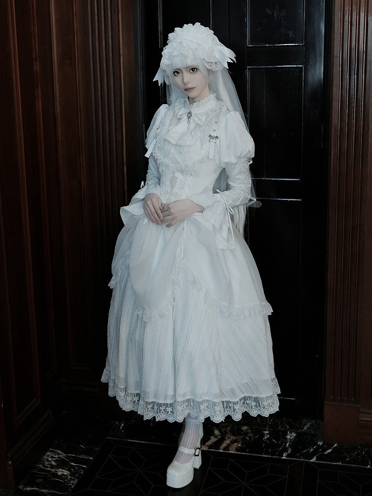 Cross-Stitched Gothic White Corset with Bat Buckle Straps - With PUJI