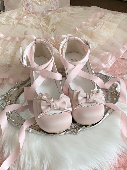Satin Light Pink Sweet Lolita Round-Toe Low-heel Shoes - Detachable Ankle Strap with Heart Snap & Scalloped Edge