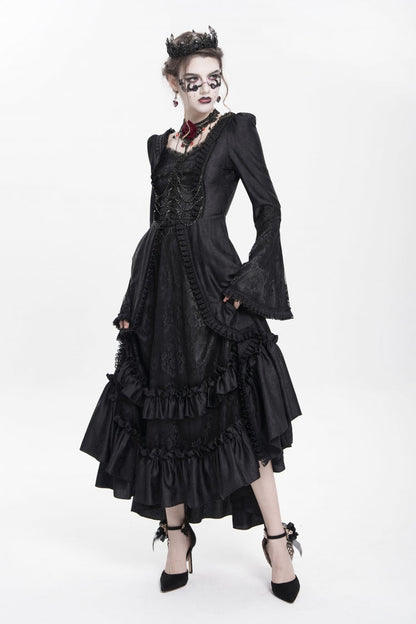 Black Long Sleeve Floral Embroidery Lace-Up Pleated Gothic Dress