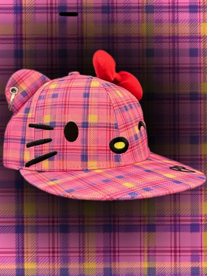 Pink Plaid Kitty Adjustable Baseball Cap with Detachable Bow
