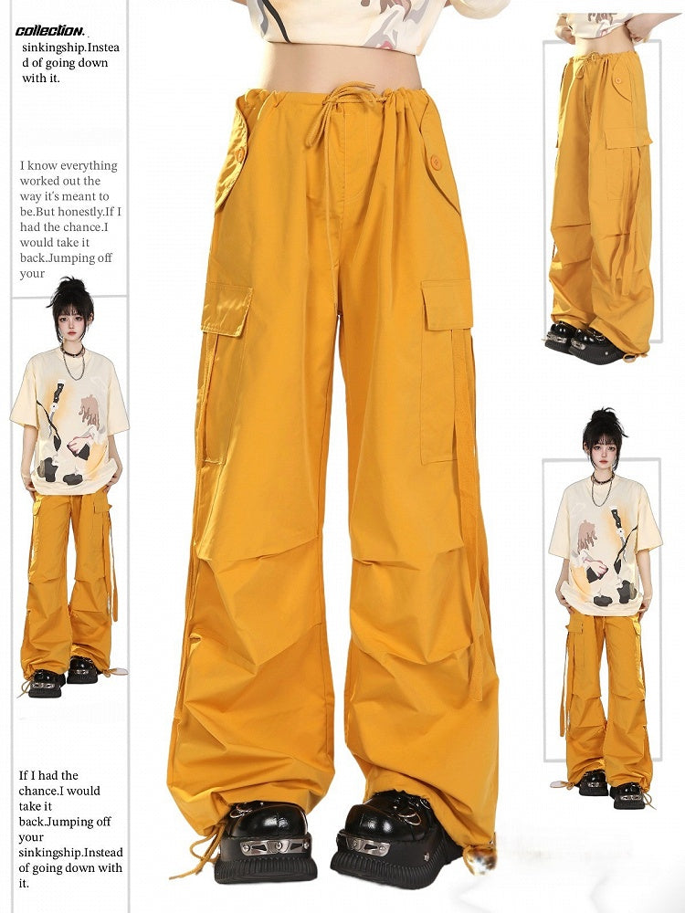 Yellow Cargo Wide-Leg Pants with Drawstring Accents Mustard