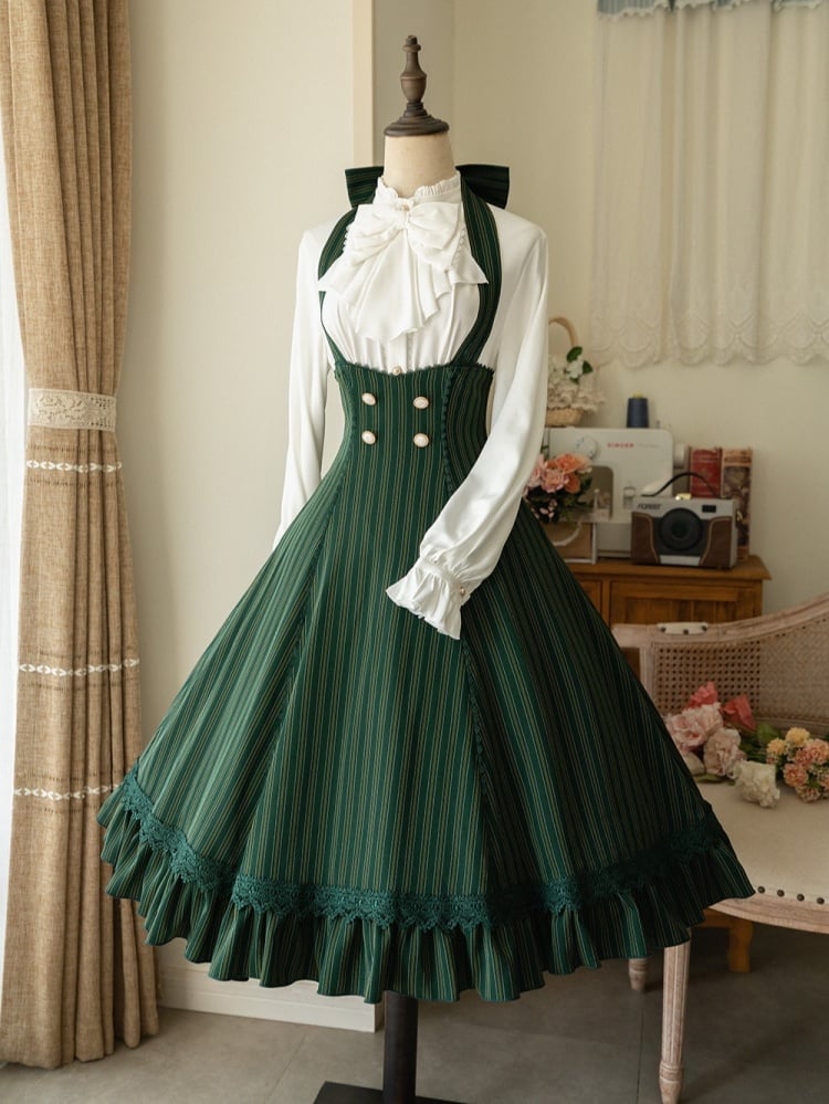 Vintage Dark Green Striped Halter-Neck Underbust Dress