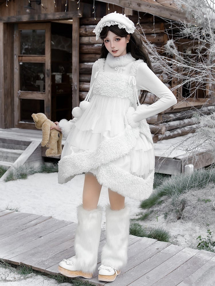 Neckline Hemline White Overdress Tulle with Fleece Sheer and