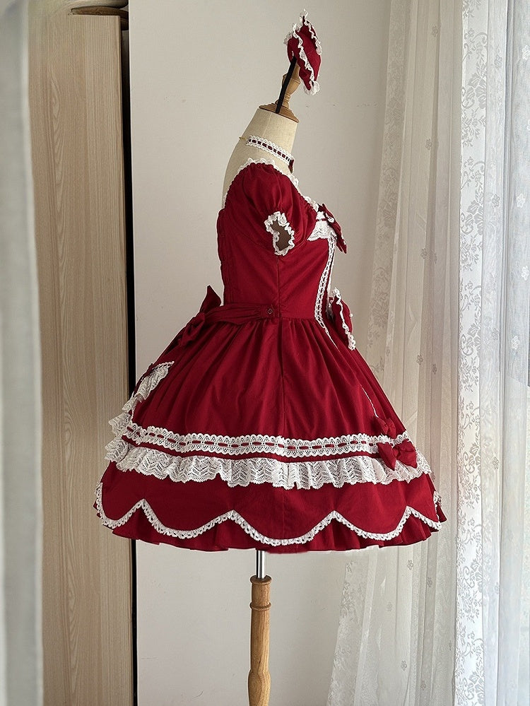 Old School Stück und Quadrat Kleid Baumwolle Kurze Rote Puffärmel Ein Ausschnitt Lolita